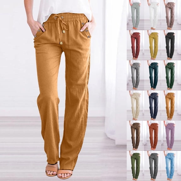 WULMLEO Women's Cotton Linen Pants,Summer Casual Loose Lightweight Straight Leg Pant with Pockets Orange S