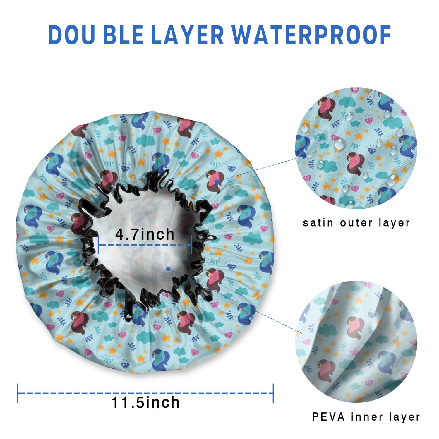 Shower Caps,Blue Cartoon Unicorn Star Cloud Pattern Waterproof Shower Cap for Women 4 Pieces,Double Reusable Hair Cover for Shower PEVA Elastic Stretch Hem