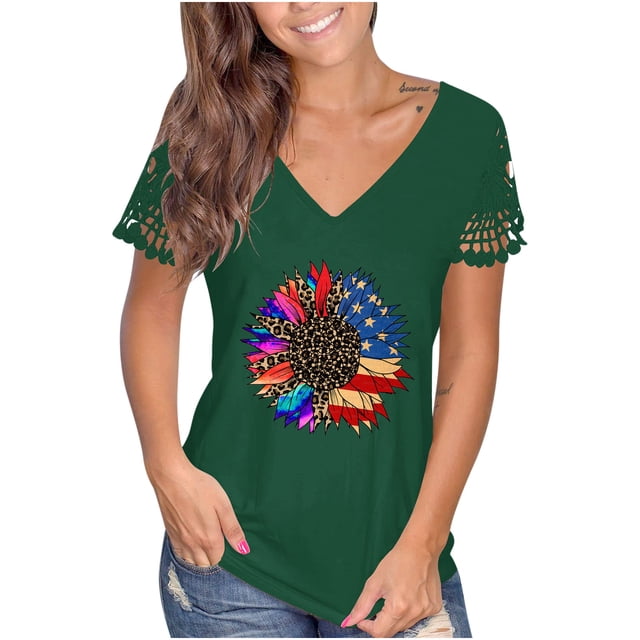 Blusa de manga corta de encaje informal con cuello en V de verano para mujer Fridja bn7933