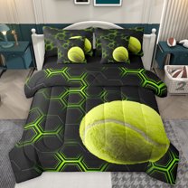 Homewish Geometric Honeycomb 7pcs Bedding Comforter Set,Tennis Sport Queen Bedding Sets,Green Hexagon Queen Sheet Sets For Teens,Ultra Soft Home Decor Reversible