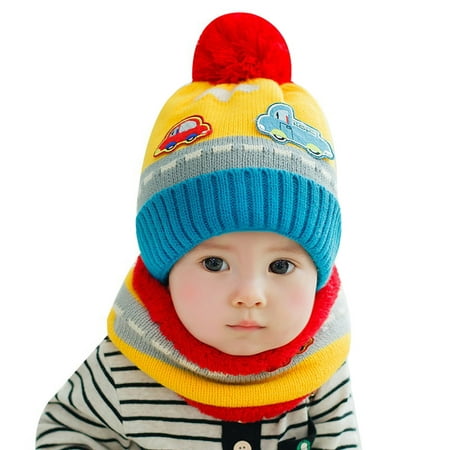 New Cute Baby Girl Boy Knitted Hat Scarf Set Car Pattern Fleece Warm Cap Neck Warmer Two-Piece Set