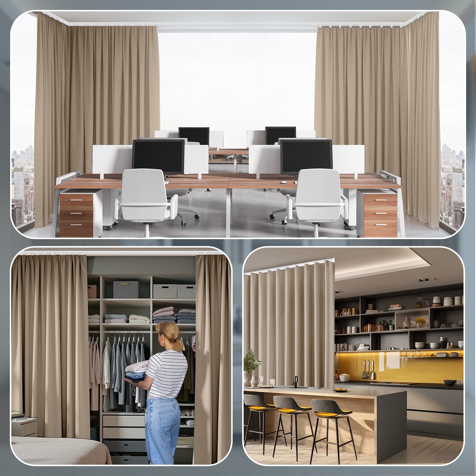 DONGPAI Room Divider Curtains Blackout Privacy Curtain Flexible Ceiling Track Thermal Insulated Noise Reduction Curtains for Living Room Bedroom Partition Separator, 1 Panel, Khaki, 100"x 96"