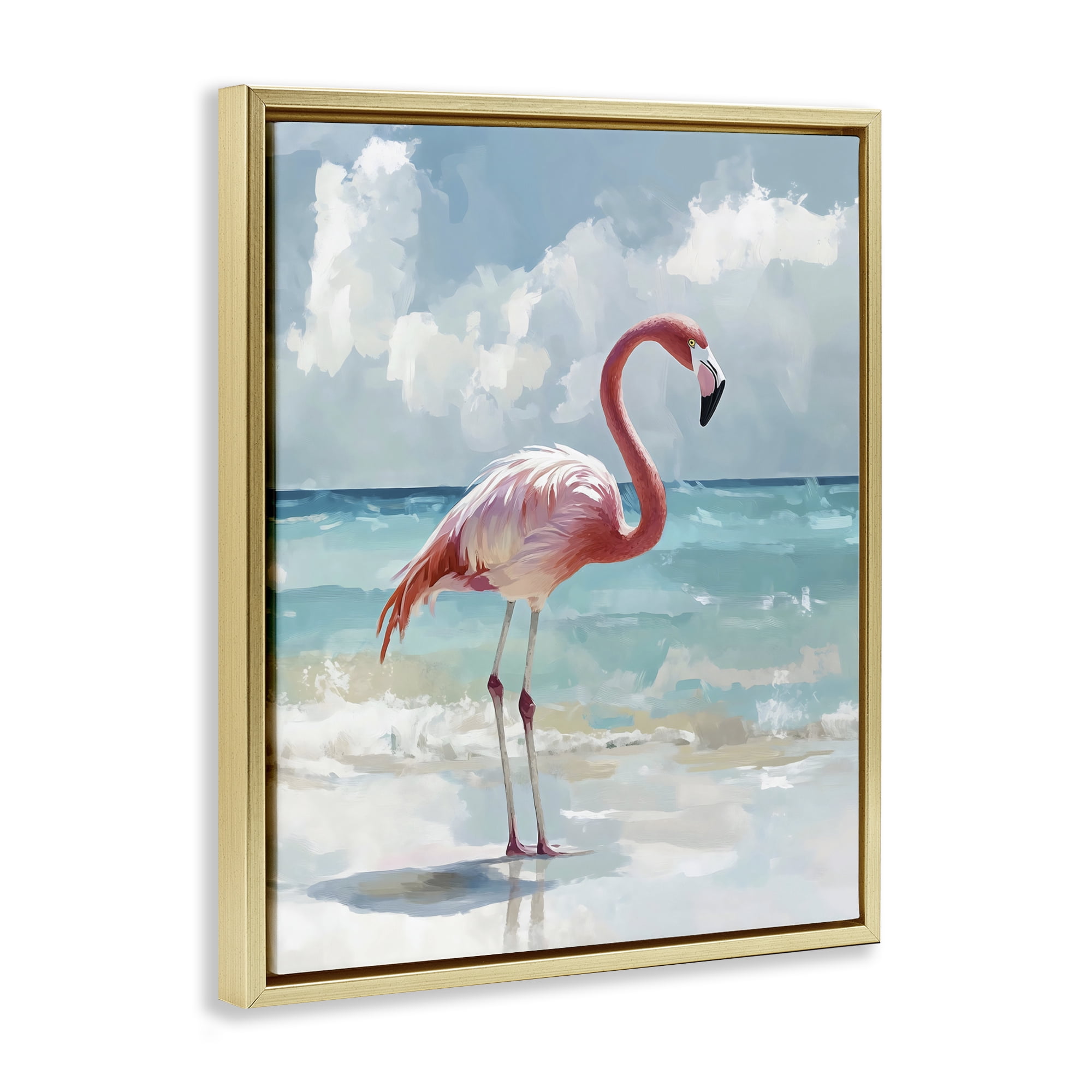 Stupell Industries Flamingo At Shore Gold Framed Floater Canvas Wall Art, design by The Prints Vibe