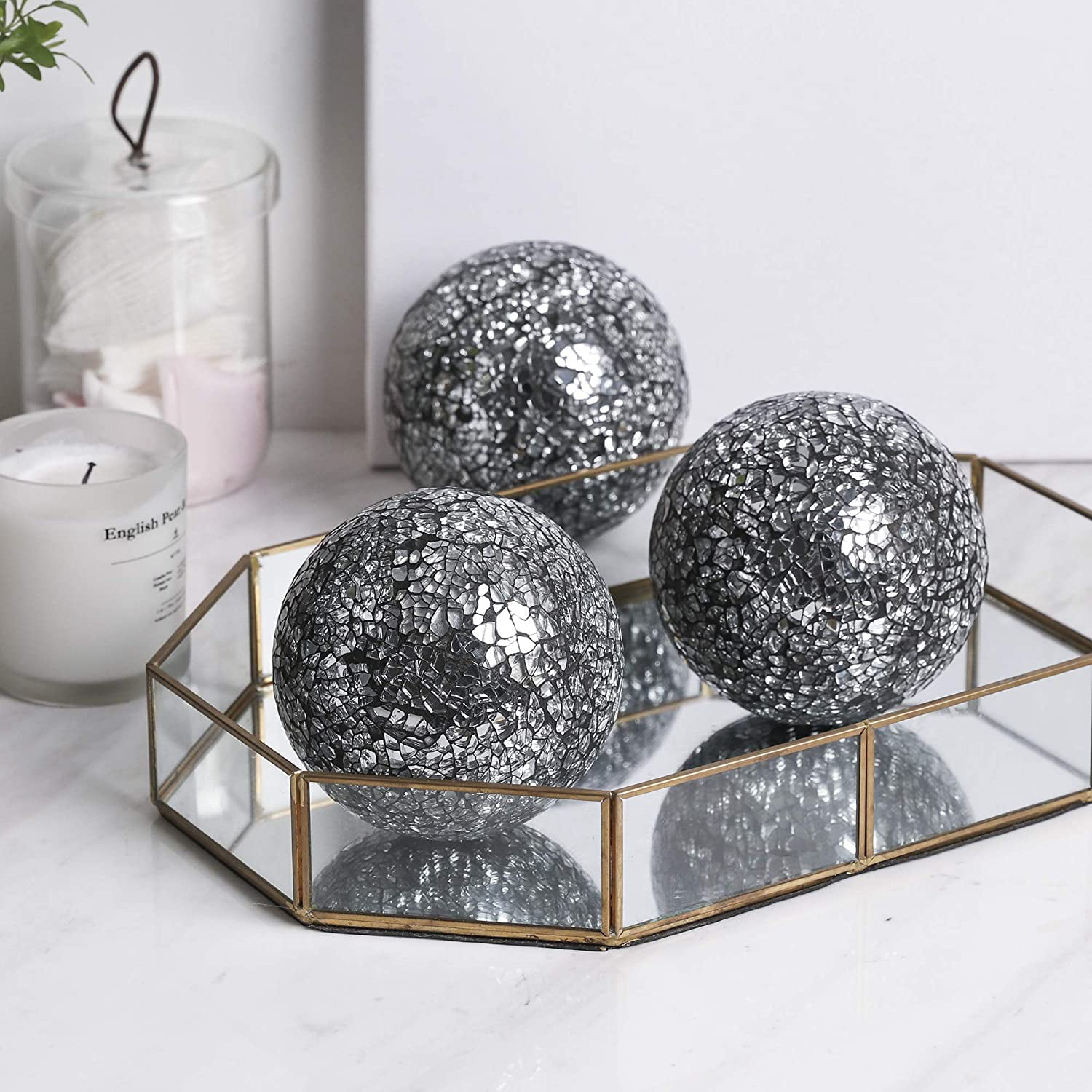Whole Housewares Decorative Orbs Set of 3 Glass Mosaic Sphere Balls Diameter 4" 