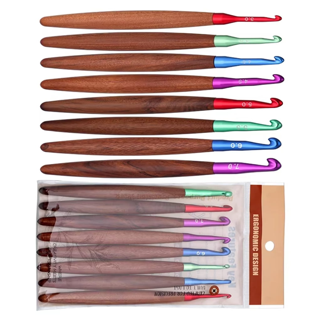 8Pcs Wooden Handle Crochet Hook Set Ergonomic Grip Aluminium Crochet Hook Yarn Craft Tool for Weaving Sweater Scarf Bag