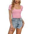 thumbnail image 3 of Arvbitana Women Solid Color Crop Tops U-Neck Short Sleeve Knitted T-Shirts Tops Summer Slim Fit Exposed Navel Shirts Streetwear, 3 of 7