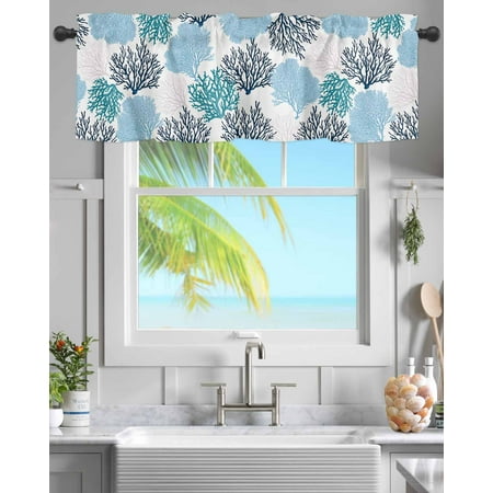Rod Pocket Window Valances Summer Ocean Underwater Blue Coral Short Kitchen Curtains Abstract Marine Life Window Treatment Drapes for Bedroom Bathroom Living Room 60x18In 1 Panel