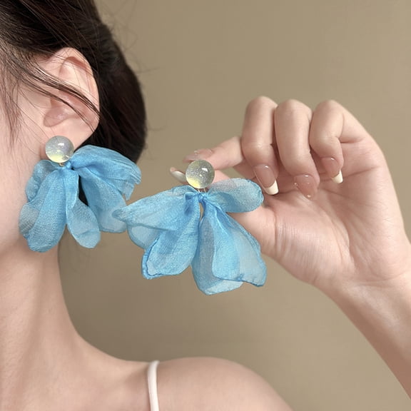 SmartBy Women Mesh Petal Drop Earrings Handmade Large Chiffon Floral Dangle Earrings Vintage Stud Earrings for Vacation Wedding