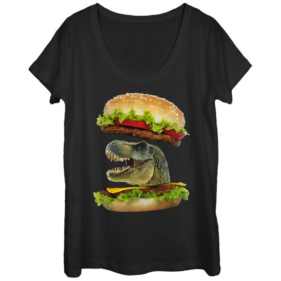 Women's Lost Gods Dinosaur Cheeseburger  Scoop Neck Black 2X Large