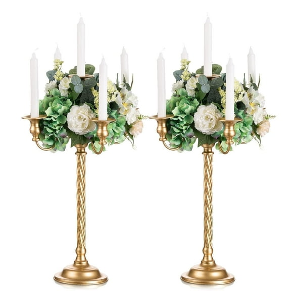 Nuptio 22 inch Gold Candelabra Centerpiece，Gold Candle stick Candle Holder Centerpieces for Tables Christmas Wedding Decoration ，Set of 2