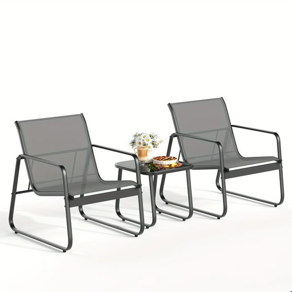 Patio Chairs Set Of 3, Patio Furniture Set With Metal Frame Glass Table, Outdoor Chairs Set Of 3 For Balcony, Bistro Table And Chairs Set For Lawn