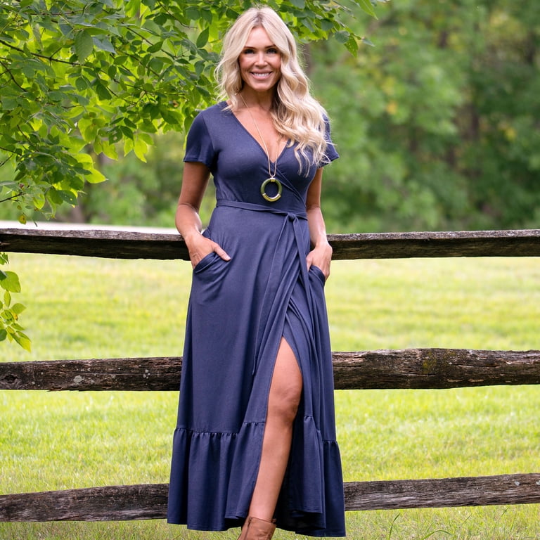 Women's S/M Navy Maxi Ruffle Wrap Dress with Flutter Sleeve by Howard's -  Walmart.com