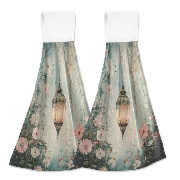 BZSMCE Hanging Hand Towels Fashion Vintage Lantern and Flowers Pattern 2-Pack - Velcro Style Bathroom Kitchen Towels