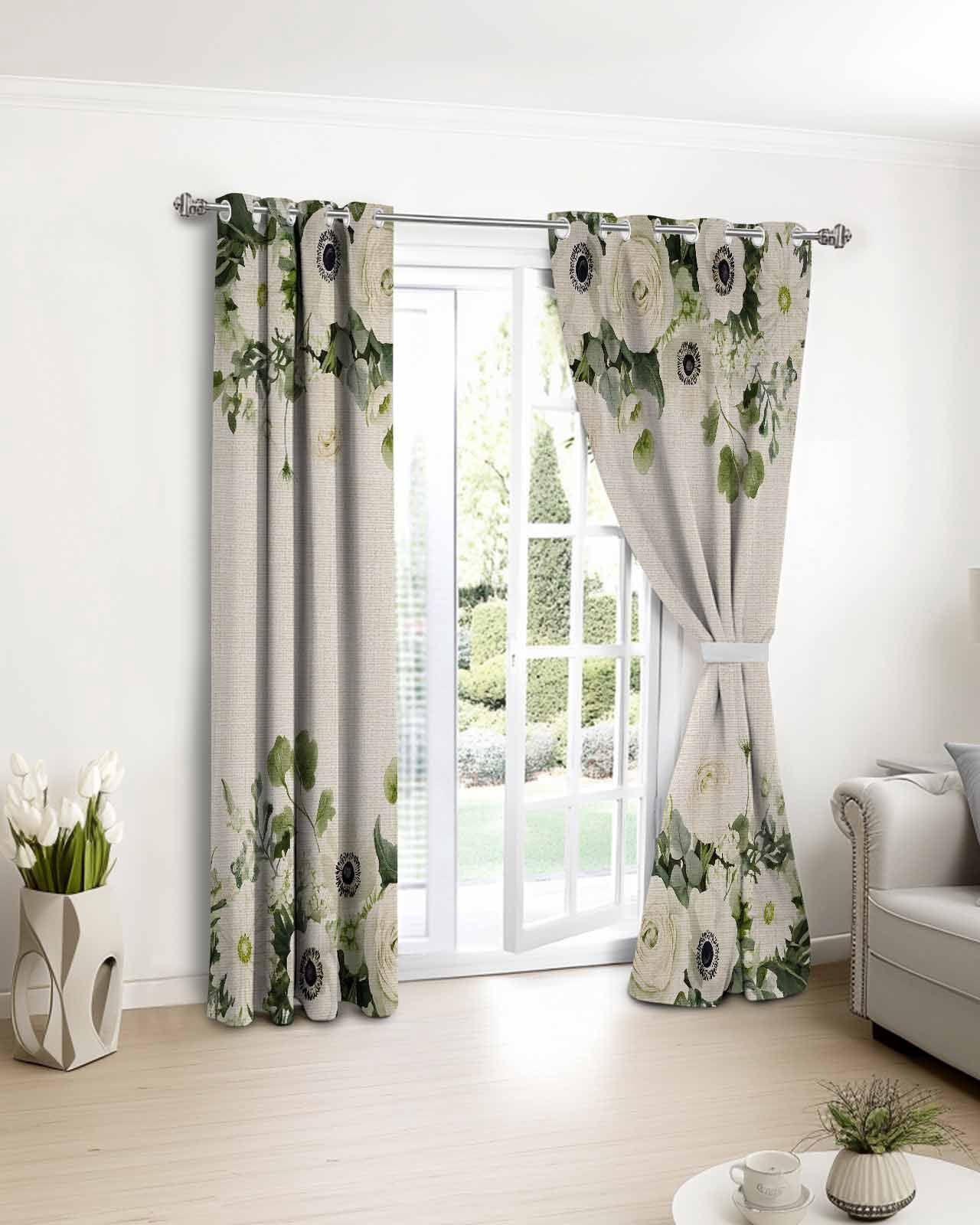 Spring Flower Blackout Curtains 63 Inch Length Watercolors White Wildflowers Green Leaves Linen Texture Thermal Insulated Window Curtain Window Drapes 2 Panels for Bedroom Living Room 52"Wx63"L