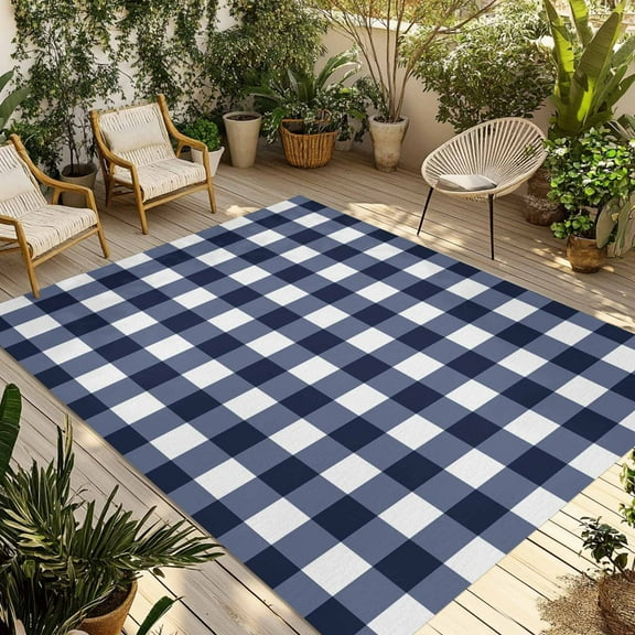 Fsddascl Blue Plaid Outdoor Rug for Patio/Deck/Porch, Non-Slip Large Area Rug 4 x 6 Ft, Modern Simple Gradient Buffalo Checked Indoor Outdoor Rugs Washable Area Rugs, Reversible Camping Rug Carpet