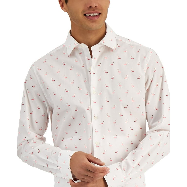 Bar III Men s Slim Fit Flamingo Print Dress Shirt White Size X Large