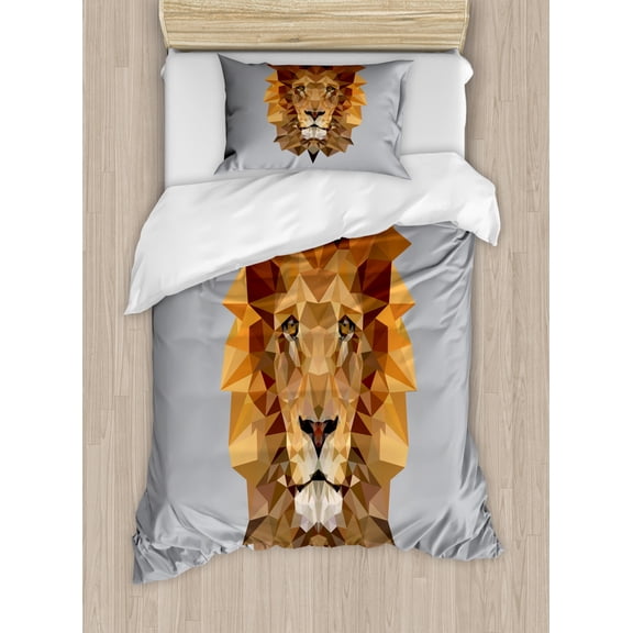 Polygons Duvet Cover Set Twin Size, Lion Head Portrait Geometric Details Contemporary Art King of Forest, Decorative 2 Piece Bedding Set with 1 Pillow Sham, Grey Cinnamon Apricot, by Ambesonne
