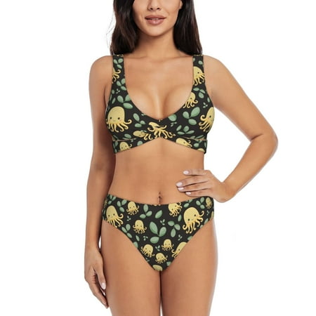 Zeuib Octopuses And Leaves High Waisted Tummy Control Bikini Set - Knot Front Push Up Top & Cheeky Thong Bottom  Two-Piece Swimsuit for Women-Small