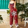 thumbnail image 3 of Women's Christmas Print Suspender Jumpsuit - Casual Loose Retro Cotton Linen One-Piece, Dark Red Size S, 3 of 5