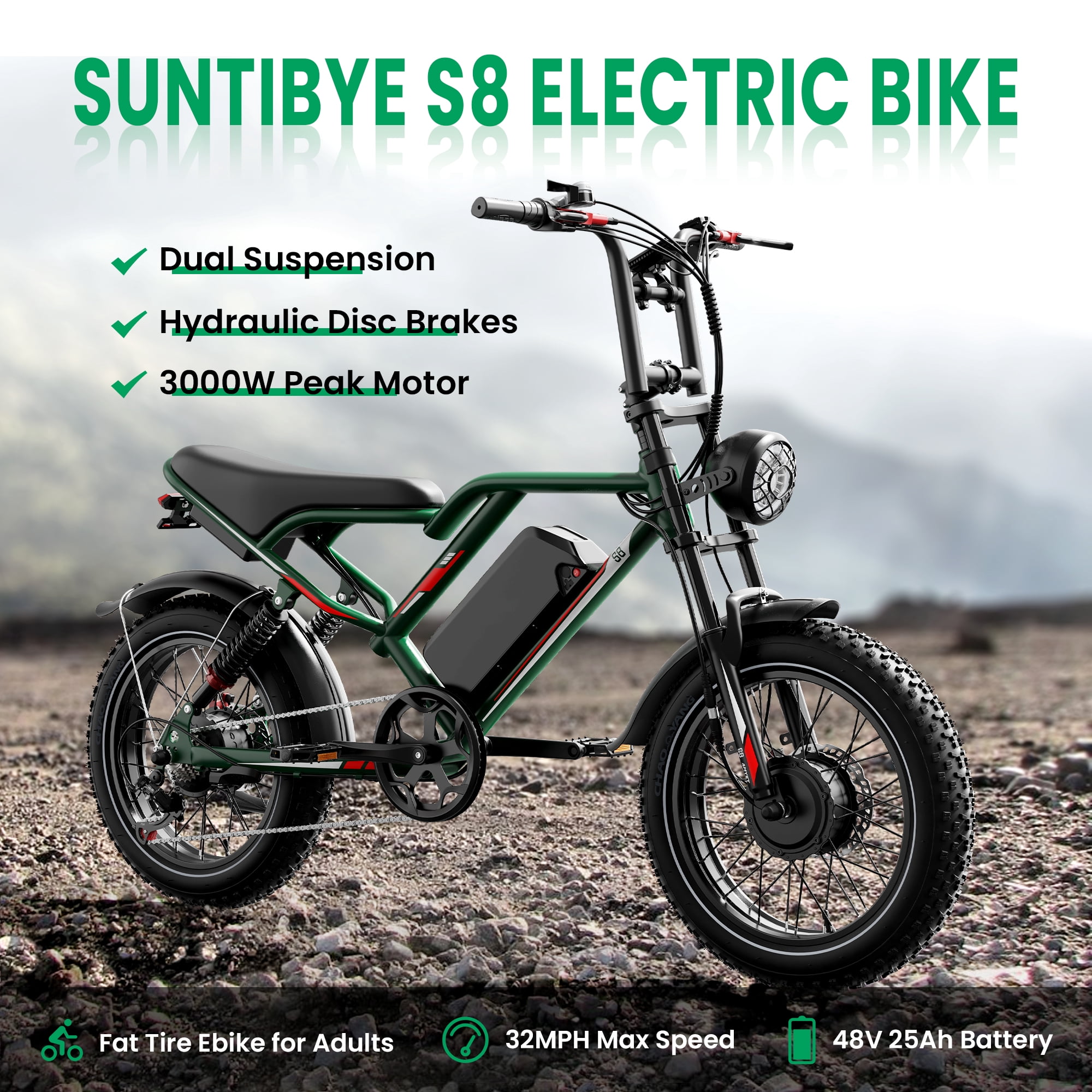 SUNTIBYE S8 Fat Tire Electric Bike 20", 3000W Dual Motor E-Mountain Bike for Adults, 32MPH 7-Speed Ebike,48V 25AH UL2849, Green