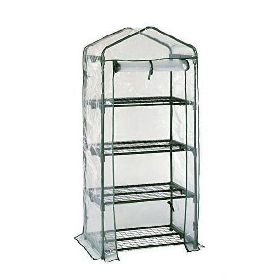 Happy Planter 4-Tier Portable Greenhouse with Four Steel Shelves and Clear PVC Cover, Mini