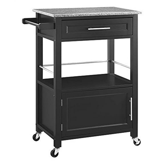 Homestock Comfort Black Kitchen Cart With Granite Top, Tiered Shelf, Wheeled Cart, Kitchen Furniture, Black, 18"D X 27"W X 36"H
