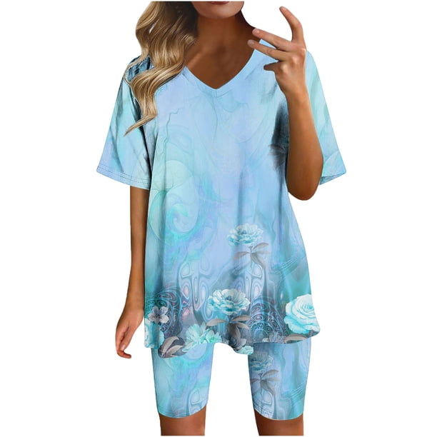 Blusas para las Mujeres Casual Impreso Cuello en V Manga Corta Blusa Pantalones Cortos, Conjuntos de Ropa para las Mujeres