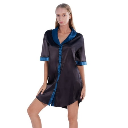 

Women s Silk Satin Nightgown Short Sleeve Nightdress V-neck Button Down Sleepshirts Boyfriend Sleepwear