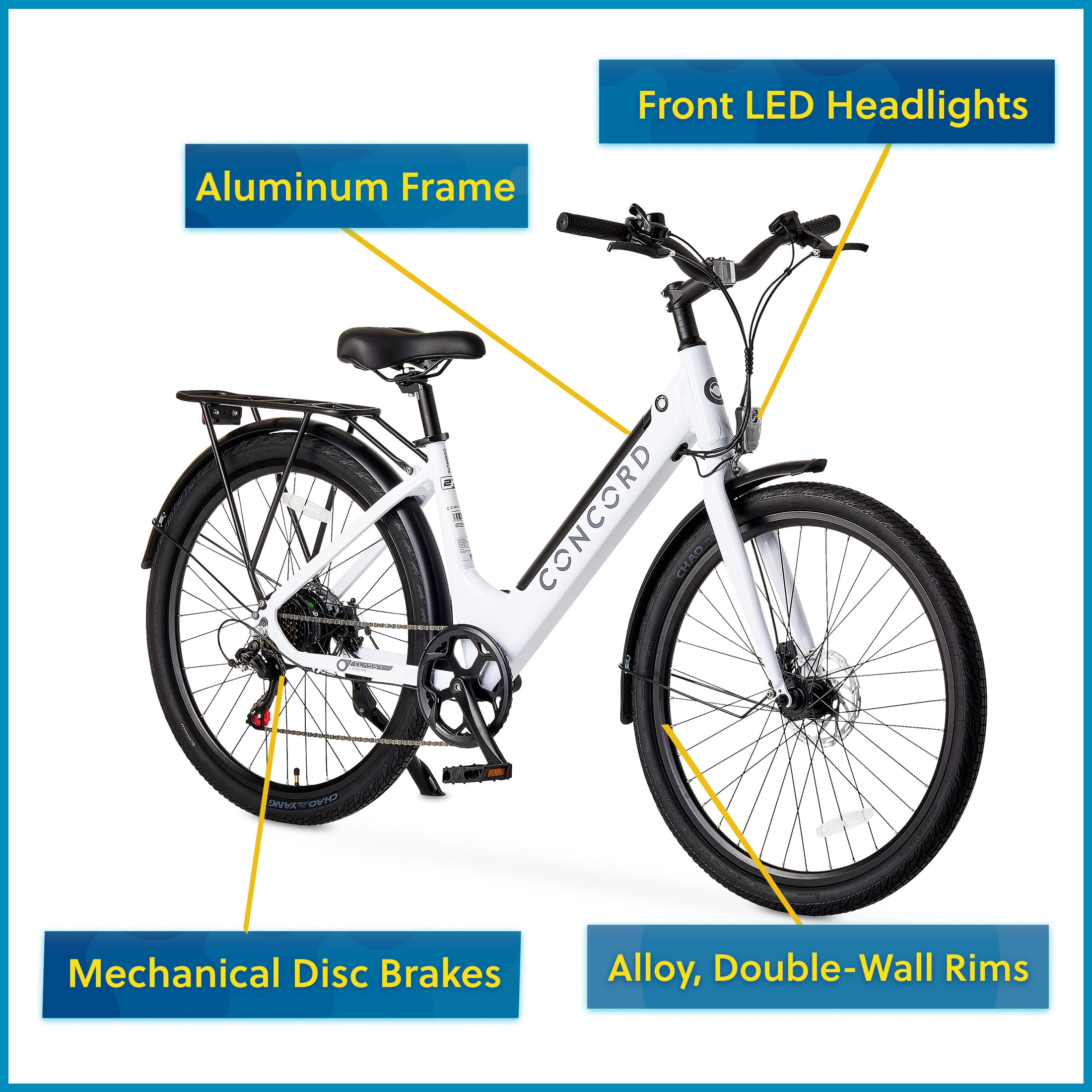 Concord 27.5" Step-Thru Electric Bike, 36V, Class 2, Aluminum, Weighs 49 Pounds, White, Fits Riders 5'1" - 6'1", Adult, Unisex