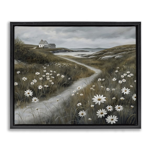 Stupell Industries Serene Coastal Cottage Path Landscape & Nature Painting Black Floater Framed Canvas Art Print Wall Art, 21 x 17