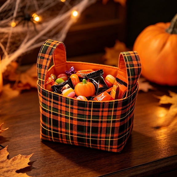 Kdkad Fall Storage Bins, Orange Black Plaid Fabric Halloween Basket with Handles, 9x8 In Goodie Bags for Cookie Chocolate Candy Gift, Small Storage Organizer for Halloween Decor Party Supplies