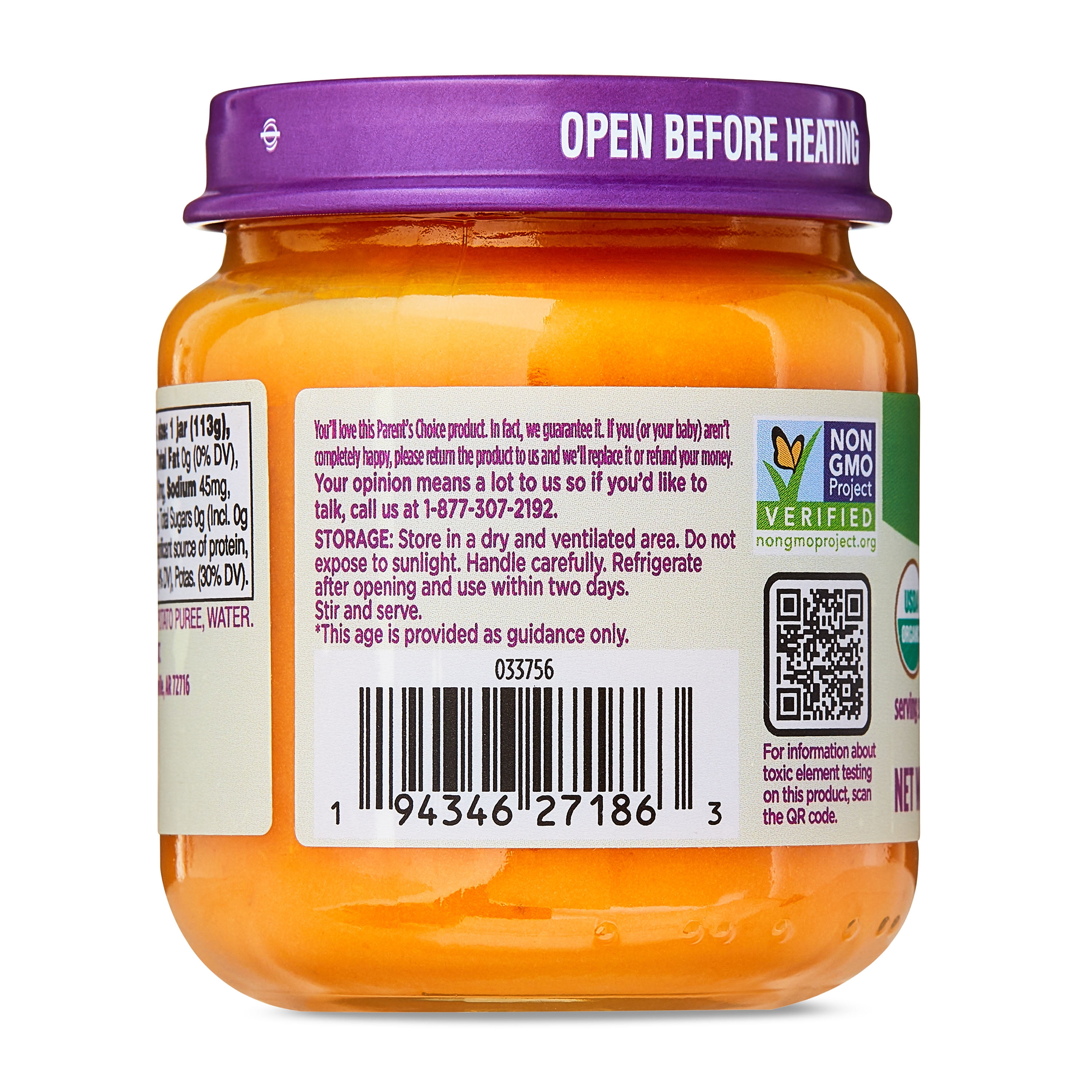 (12 pack) Parent's Choice Organic Stage 1 Baby Food Sweet Potato Puree, 4 oz Jar