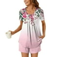 thumbnail image 2 of Jamicy Pyjamas Doux pour Femmes Ensemble Mode Décontracté Ample Rayé Imprimé Col Rond Boutons Shorts Manches Courtes Confortable Ensemble de Pyjamas pour Dames Rouge Melon D\'eau, 2 of 6
