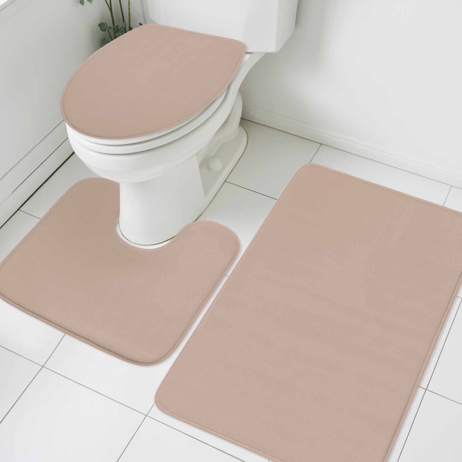 Warm Beige Bath Mat 3 Piece Bathroom Rug Set, Solid Color Farmhouse Beige Non Slip Bath Rug Contour Mat and Toilet Lid Cover, Absorbent Shower Mats Soft Bath Rugs and Mats Sets