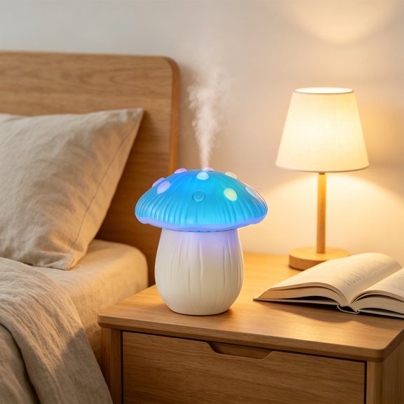 Mushrooms Shaped Humidifier with Colorful Night Light USB Powered for Bedroom Desk Small Humidifier Aromadiffuser 280 mL 1, Plastic, Blue,yellow,red, 4.45 x 4.45 x 4.88 in, 1 Pc