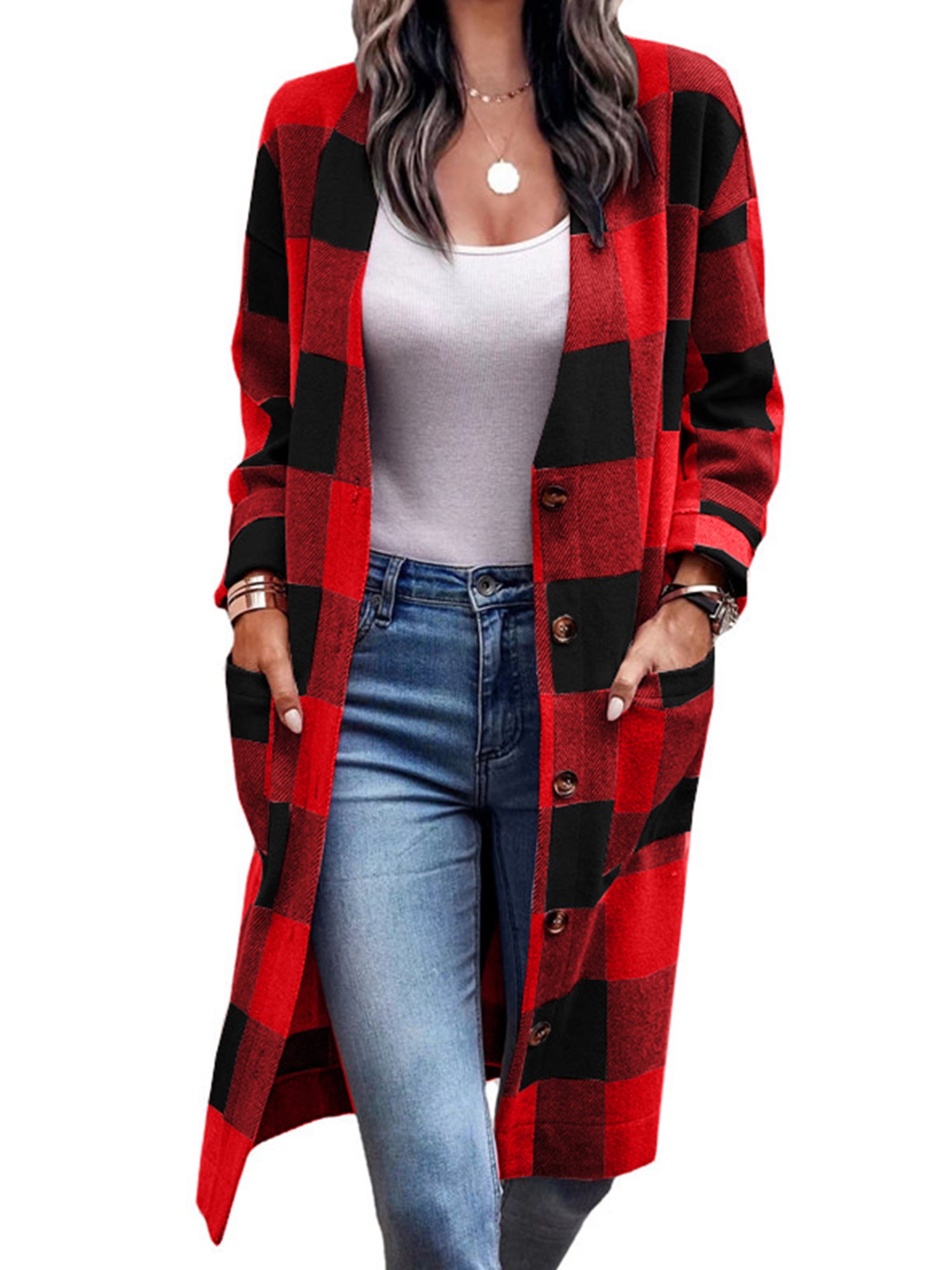 Capreze Women Long Flannel Plaid Jacket Button Down Shirt Shacket