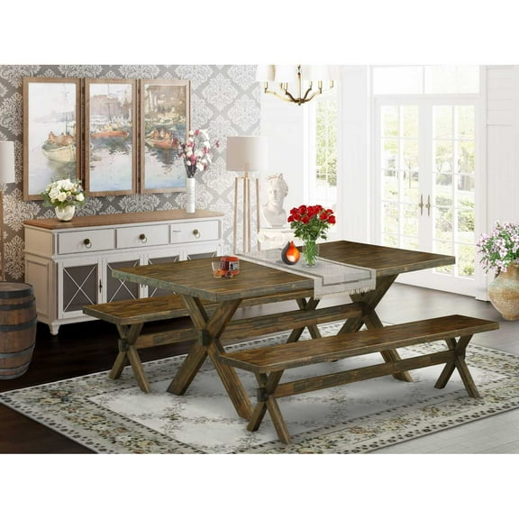 East West Furniture X2-777 3 Piece Dining Room Set - 1 Distressed Jacobean Small Kitchen Table and 2 Dining Bench - Reliable and Sturdy Constructed - Distressed Jacobean Finish