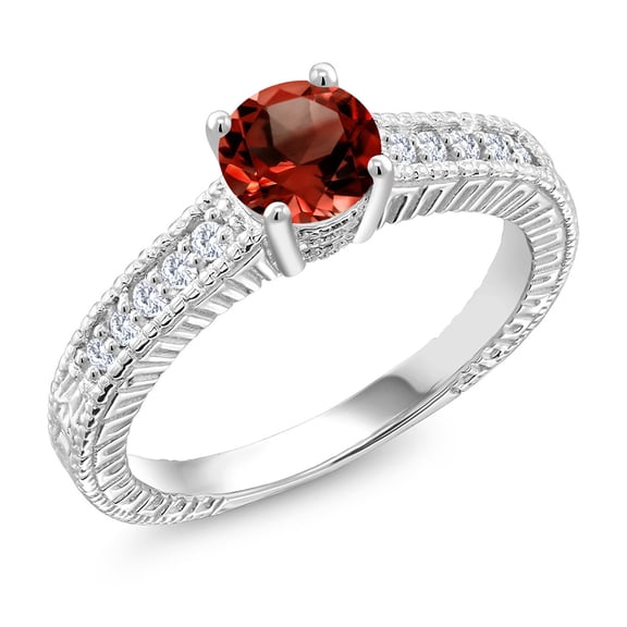 Gem Stone King 925 Sterling Silver Ring Round Red Garnet and Moissanite (1.15 Cttw, Size 6)