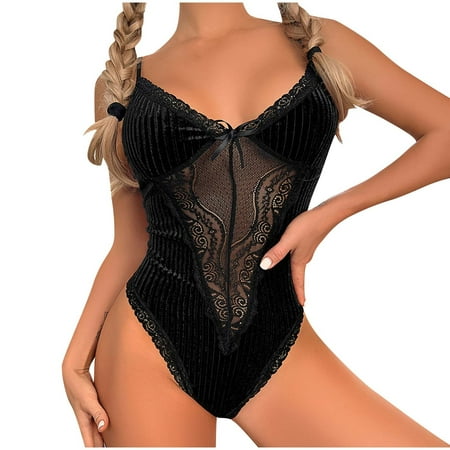 Women One Piece Lingerie Patchwork Embroidery Bodysuit Velvet Lace Leotard Deep V Neck Backless See Through Tight Body Suit Erotic Sling Shapewear