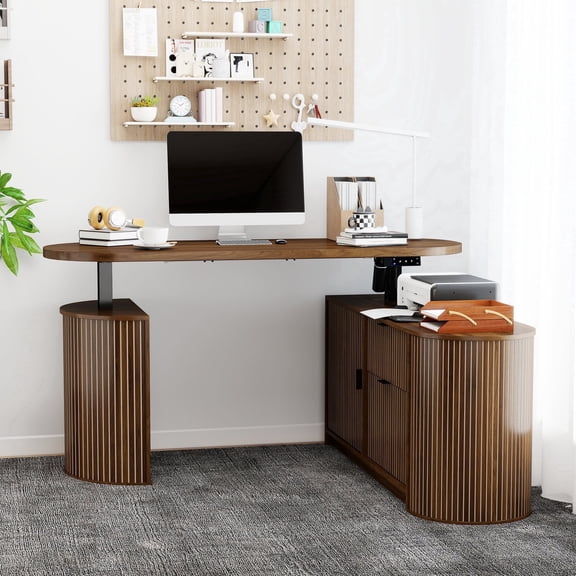 Electric Standing Desk Executive Desk, Mid Century Modern, with File Drawer Cabinet, Wooden Adjustable Height Computer Desk（Walnut）