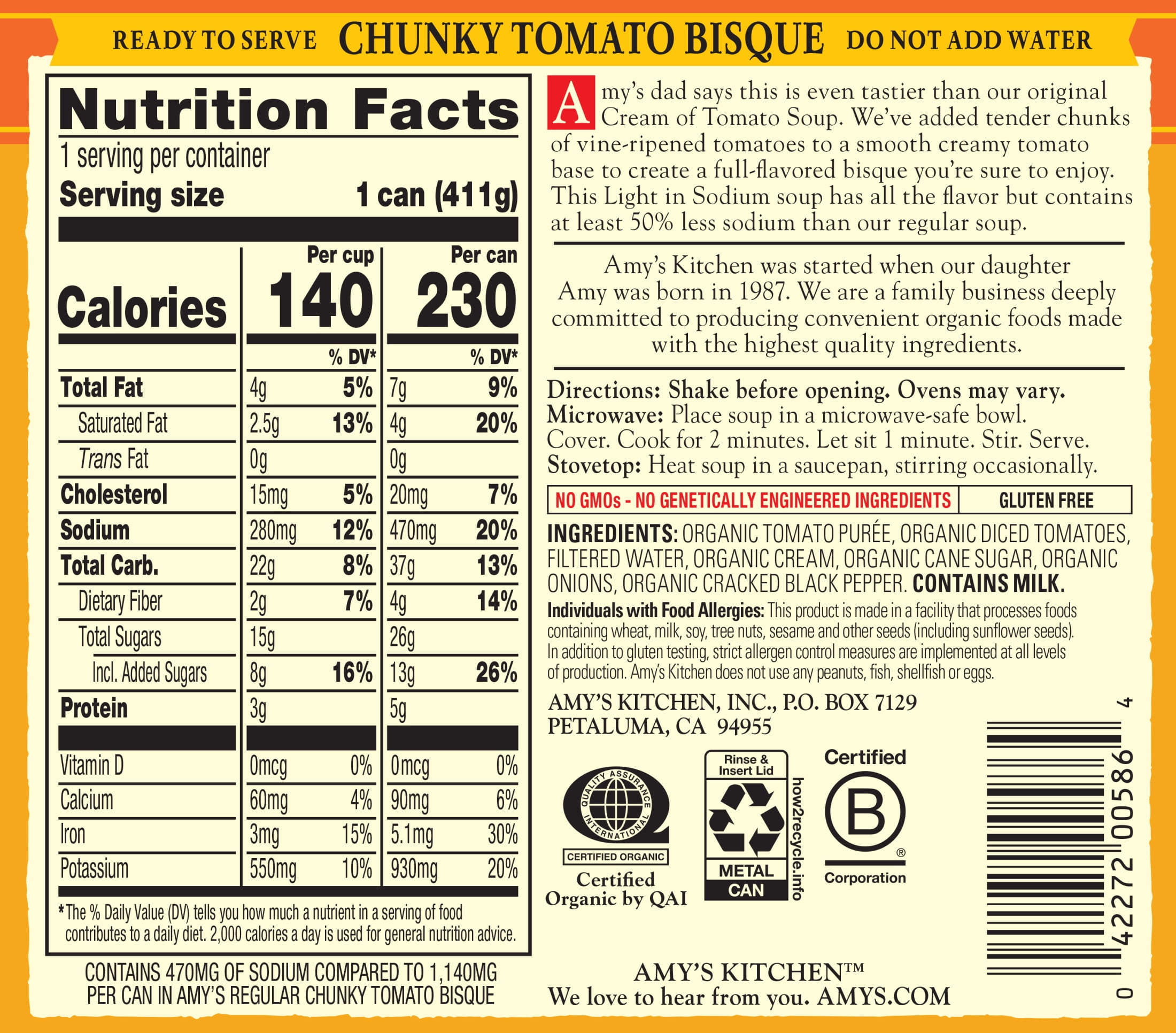 (3 pack) Amy’s Soup, Organic Light in Sodium Chunky Tomato Bisque, Made With Organic Tomatoes, Canned Soup, 14.5 Oz