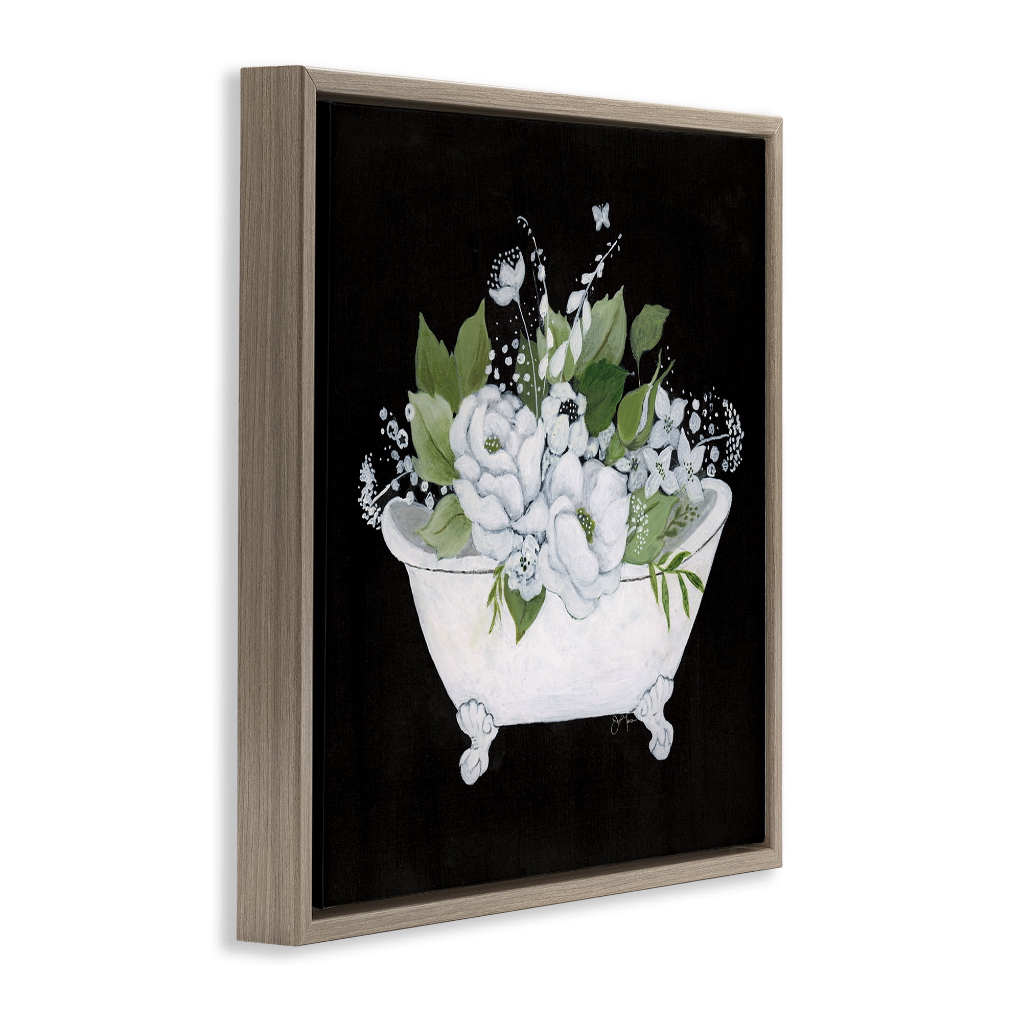Stupell Industries Charming Floral Bathtub Typography Painting Brown Floater Framed Canvas Art Print Wall Art, 25 x 25
