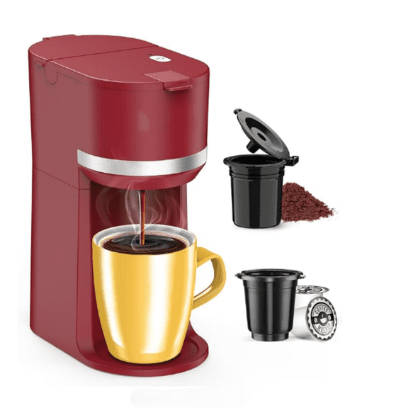Serve Coffee Maker for and Ground Coffee, Fast Brew, 6-12 oz Brew Sizes One Cup Coffee Machine Fits 5.5" Mugs, One-Button Small Coffee Maker with Descaling Reminder, Red