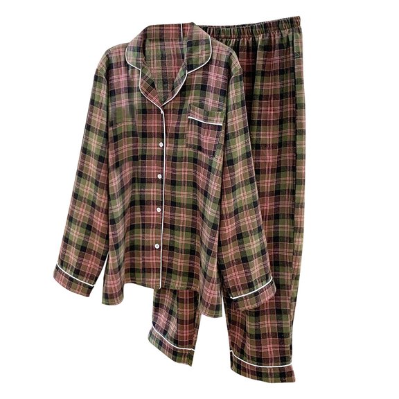 Classic Plaid Pajamas Set for Women Long Sleeve Lapel Lace Patchwork Sleepwear Loungewear Cotton Comfy Tops with Pants Homewear Green,Free Size
