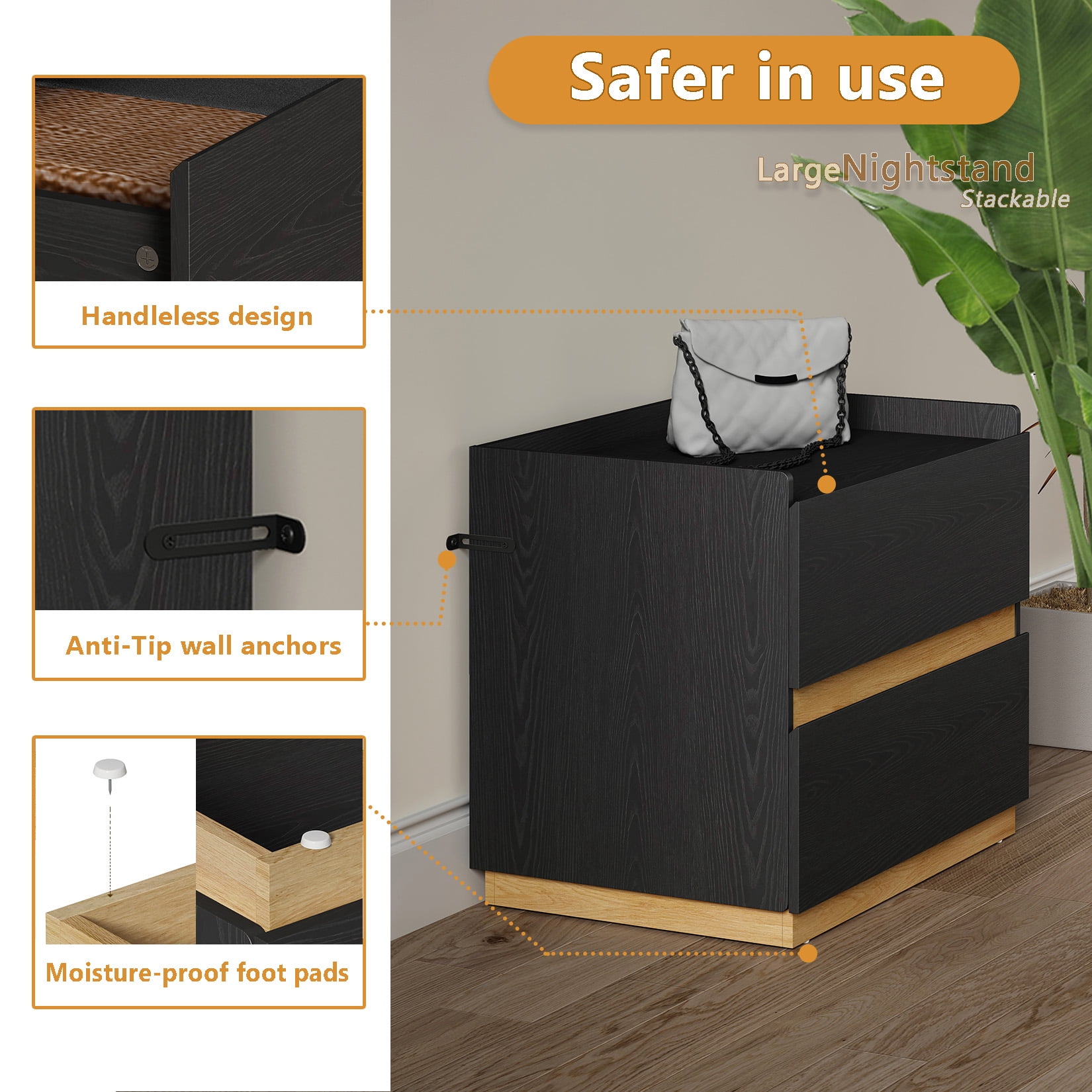 H&3L BLACK Nightstand ，Modern large Bedside Table， Wood Stackable  2 Drawer Dresser for Clothes for Closet，Bedroom,Living Room，16"D x 24"W x 20"H