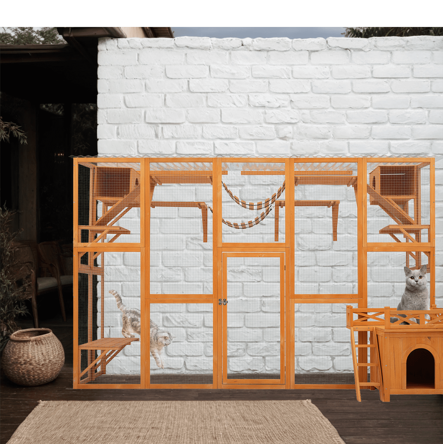 Euroco Outdoor Cat house Cat shelves Natural Wood Playground Cat Window Box Outside Enclosure Weather protection, With FREE Cat House
