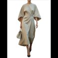 thumbnail image 1 of Vestido Elegante de Cóctel para Mujer, con Mangas Murciélago, Liso, Informal, Holgado, Fruncido, con Abertura, Midi y Cinturón. Caqui M, 1 of 3