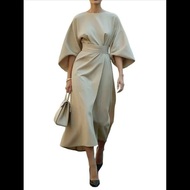 Vestido Elegante de Cóctel para Mujer, con Mangas Murciélago, Liso, Informal, Holgado, Fruncido, con Abertura, Midi y Cinturón. Caqui M