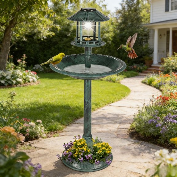 UBesGoo 42 Inch Bird Bath with Solar Light Dark Green