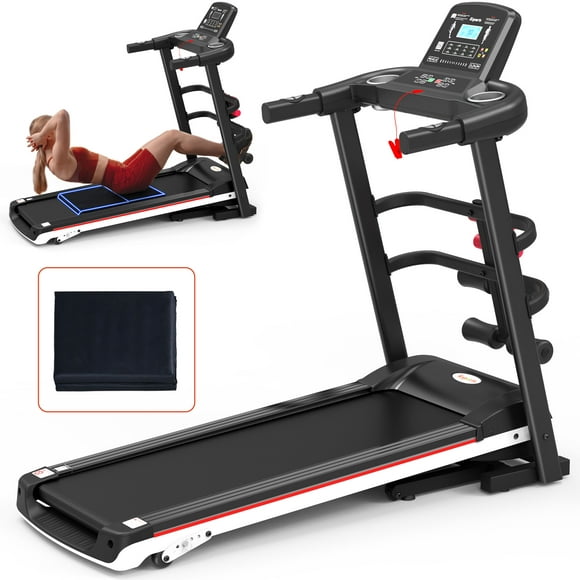 Ksports Electric Treadmill Bundle with Rack, Mat, and Dumb Bells, Black
